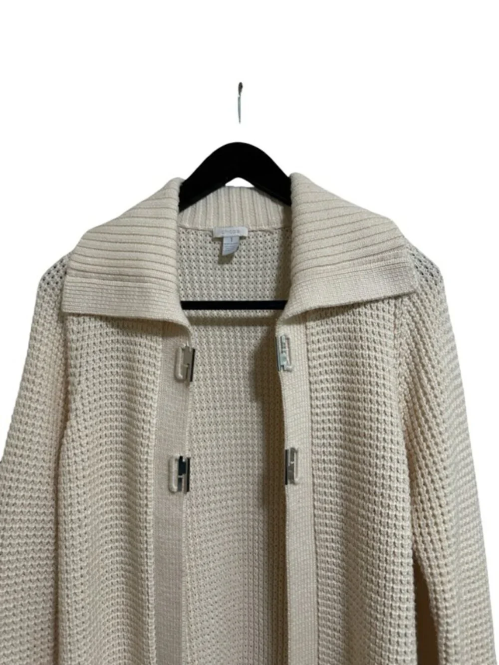 Chico's Long Open-Knit Cream Cardigan with Metal Buckle Closures - Size 1 /US 8 - Picture 6 of 12